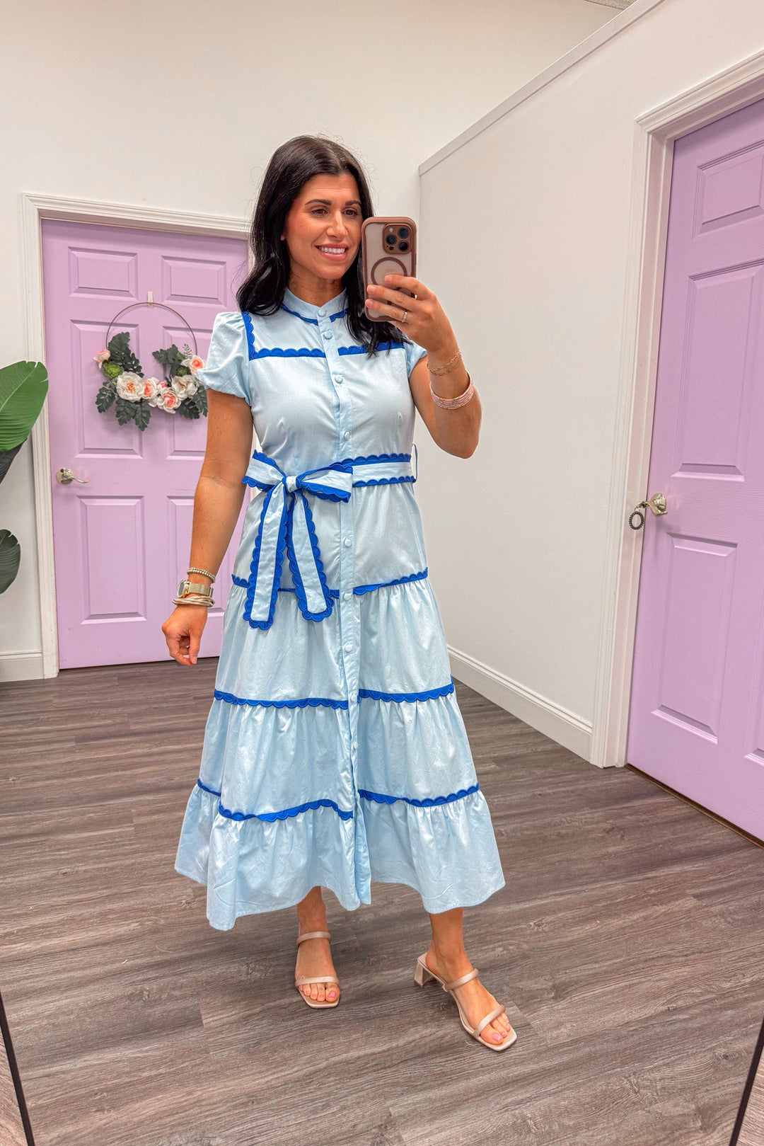 Scalloped Frills Blue Midi Dress