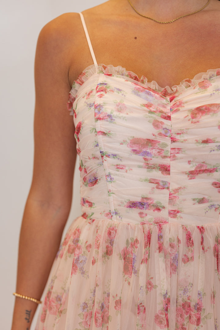 Pink floral sheer overlay event midi dress