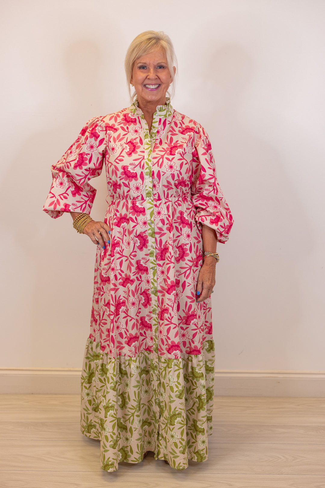 pink green floral resort maxi dress