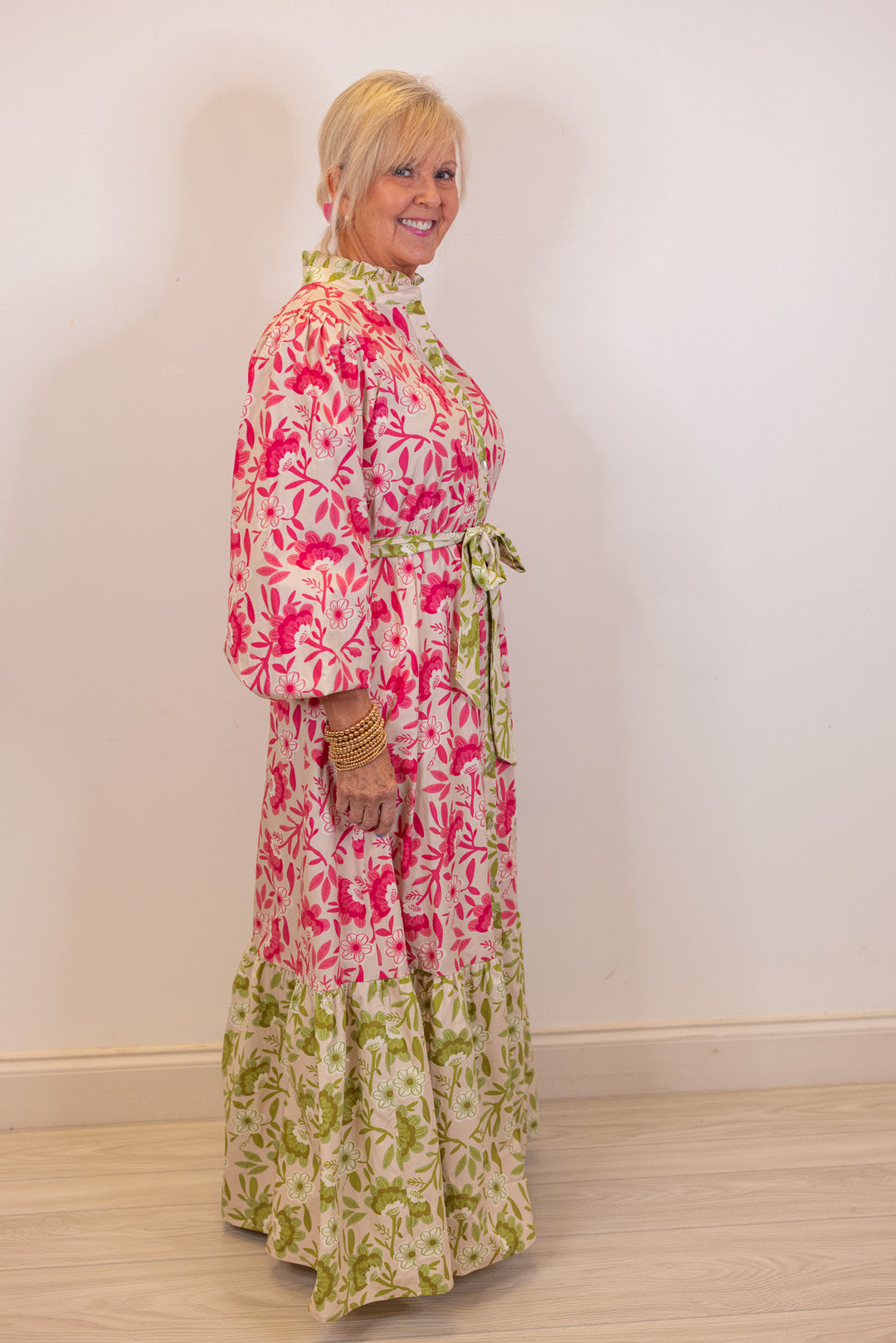 pink green floral resort maxi dress