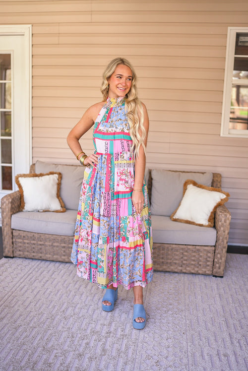 boho floral pattern halter midi dress