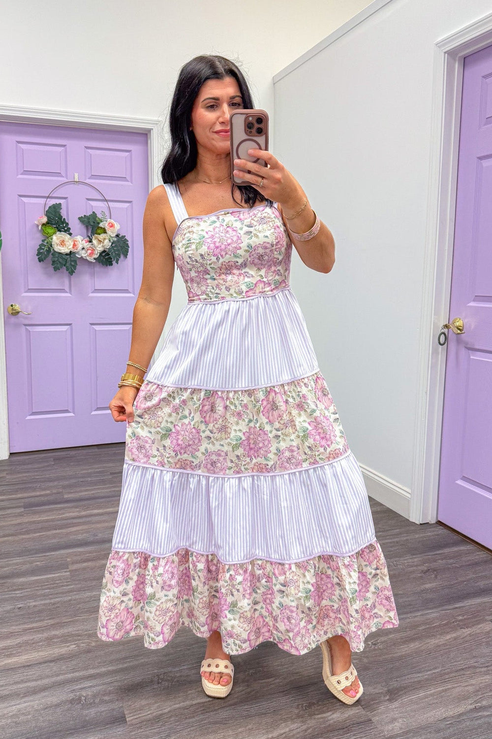 Women's spring floral and stripe lavender midi dress that is perfect for Easter