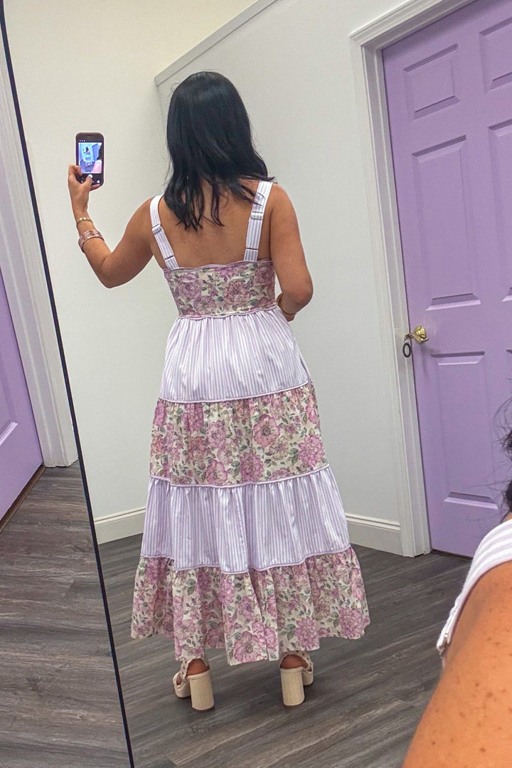 Women's spring floral and stripe lavender midi dress that is great for warmer weather