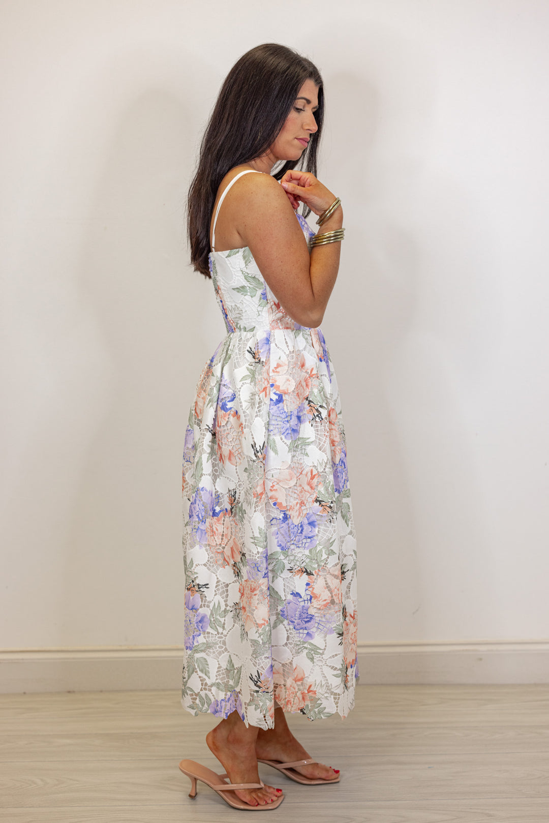 ivory floral eyelet bridal midi dress