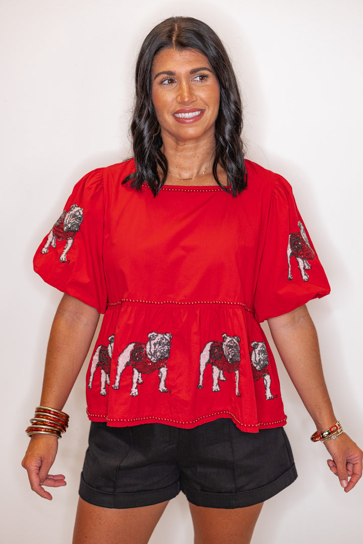 Women's red peplum top with sequin UGA Bulldogs and red pearl trim by Stewart Simmons