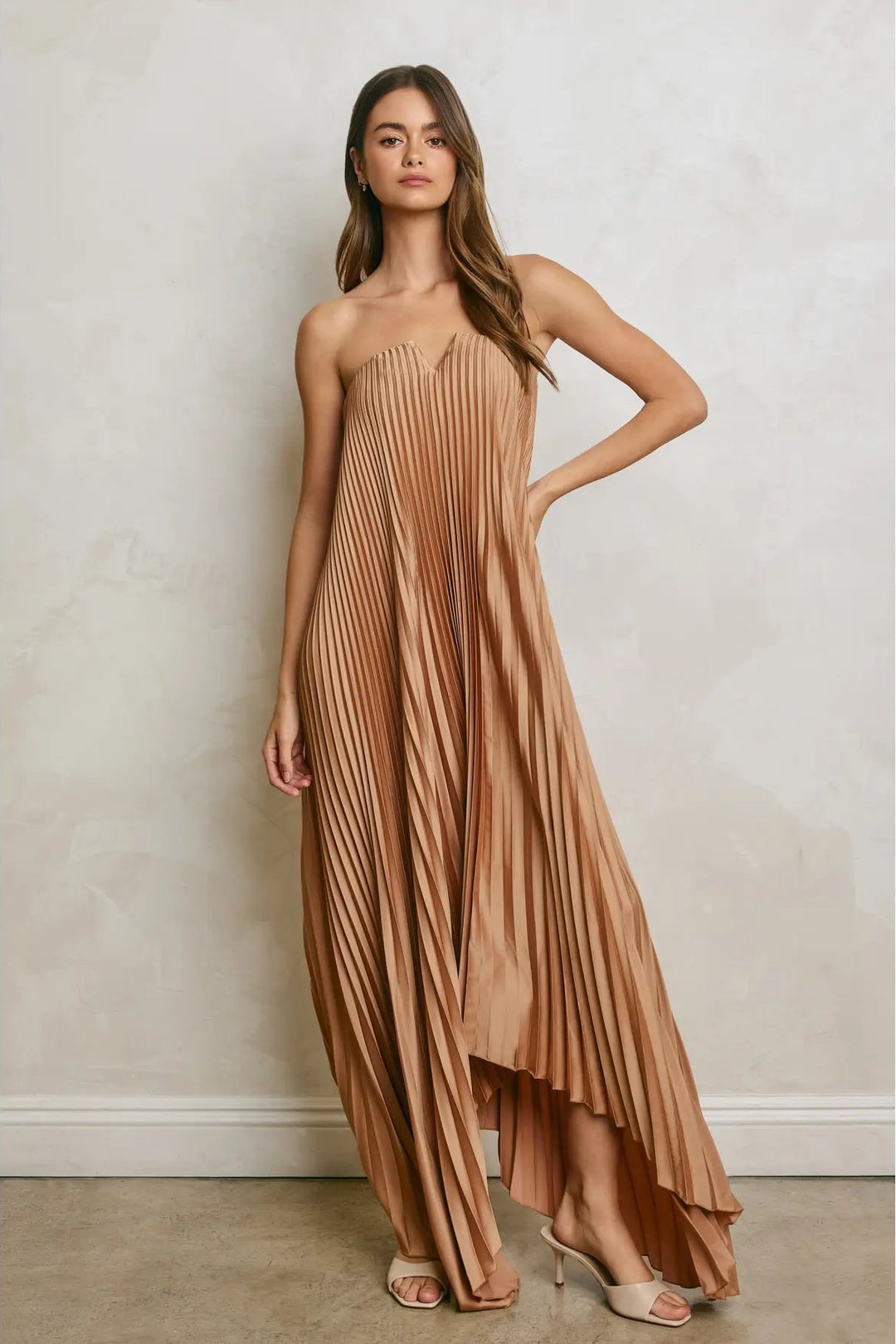 strapless pleated maxi dress light bronze