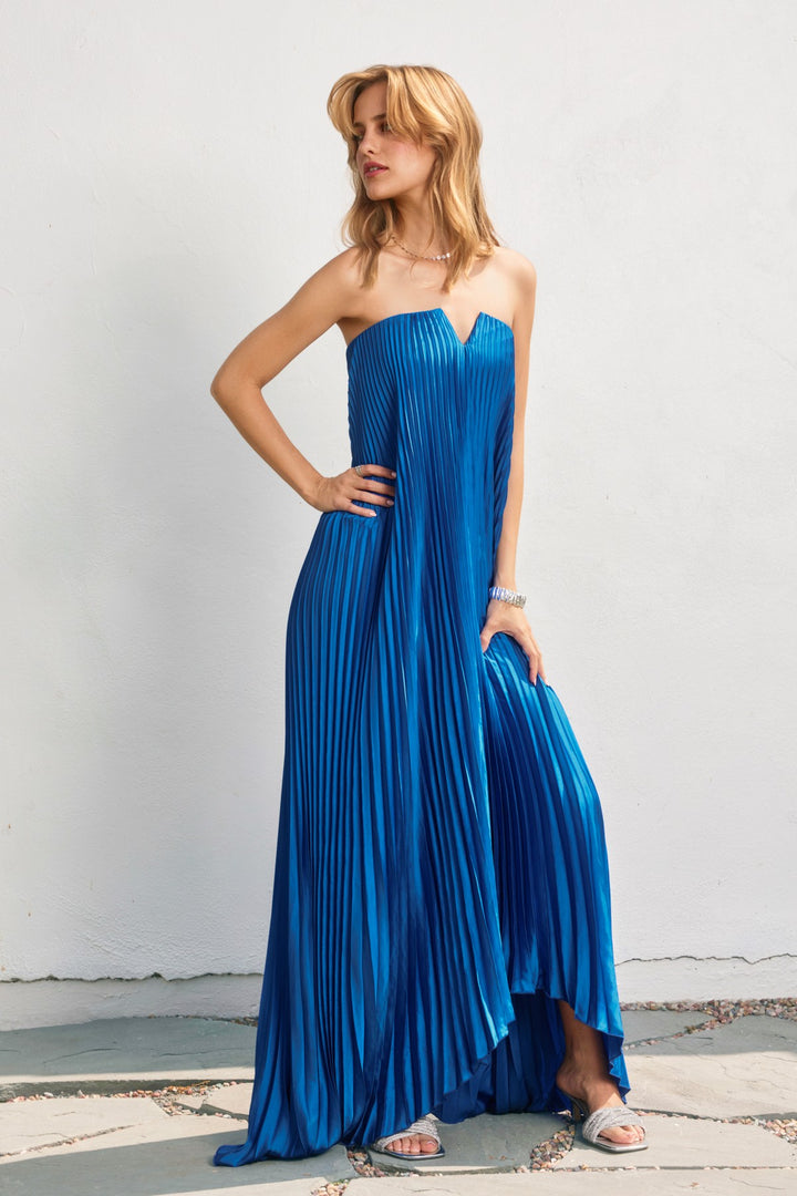 sapphire blue pleated maxi dress wedding guest