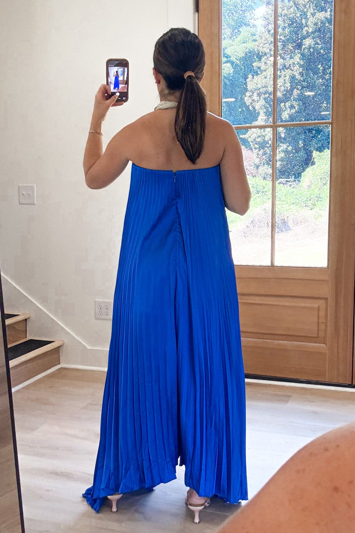 strapless pleated sapphire blue dress back