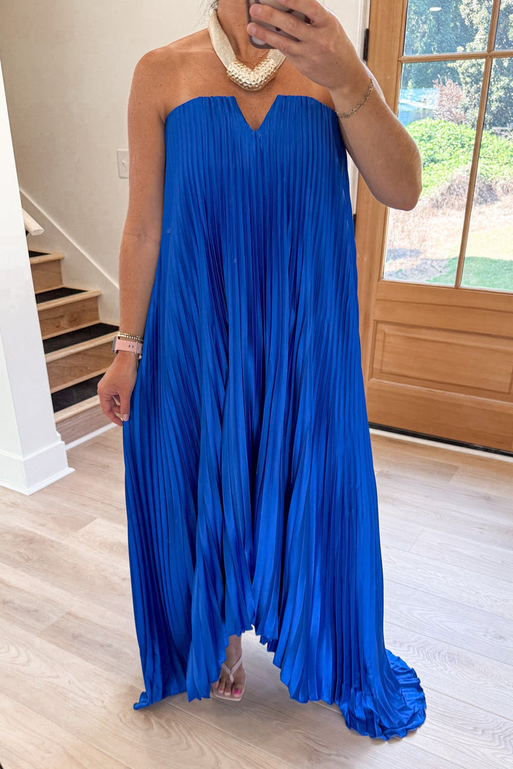 strapless pleated sapphire blue dress details