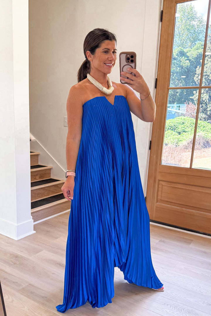strapless pleated sapphire blue wedding guest dress