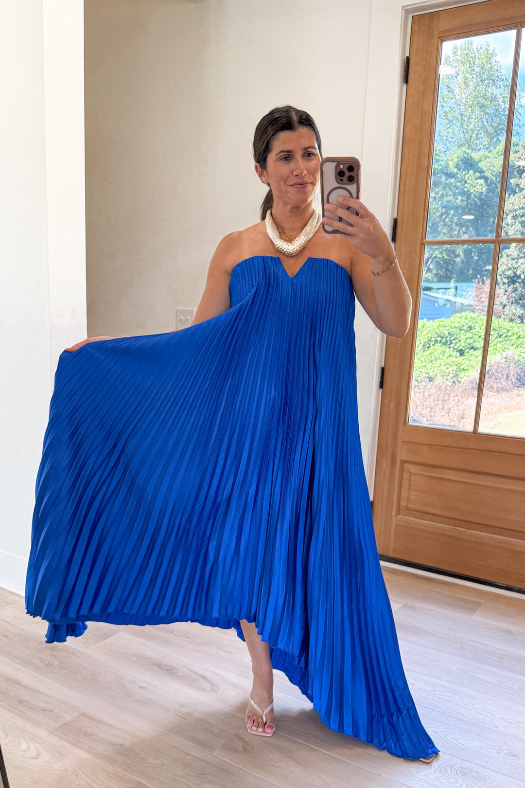 strapless pleated sapphire blue maxi dress