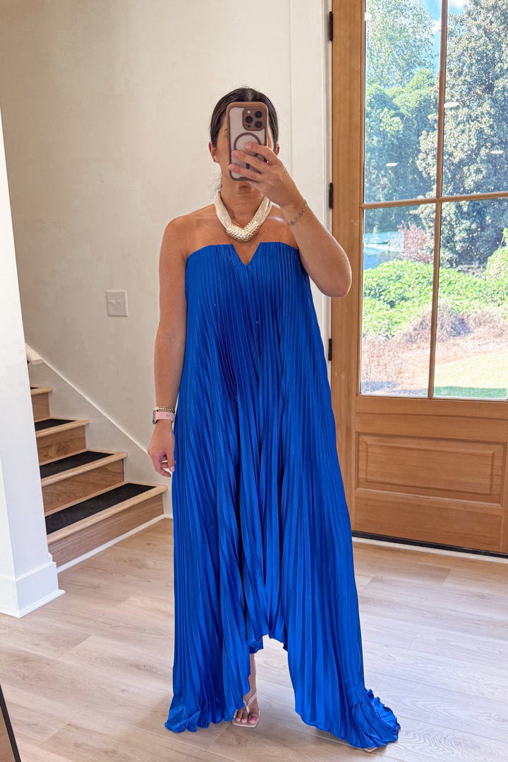 strapless pleated sapphire blue midi dress