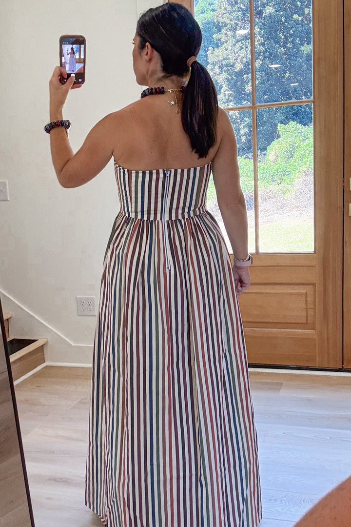 strapless striped fall maxi dress back