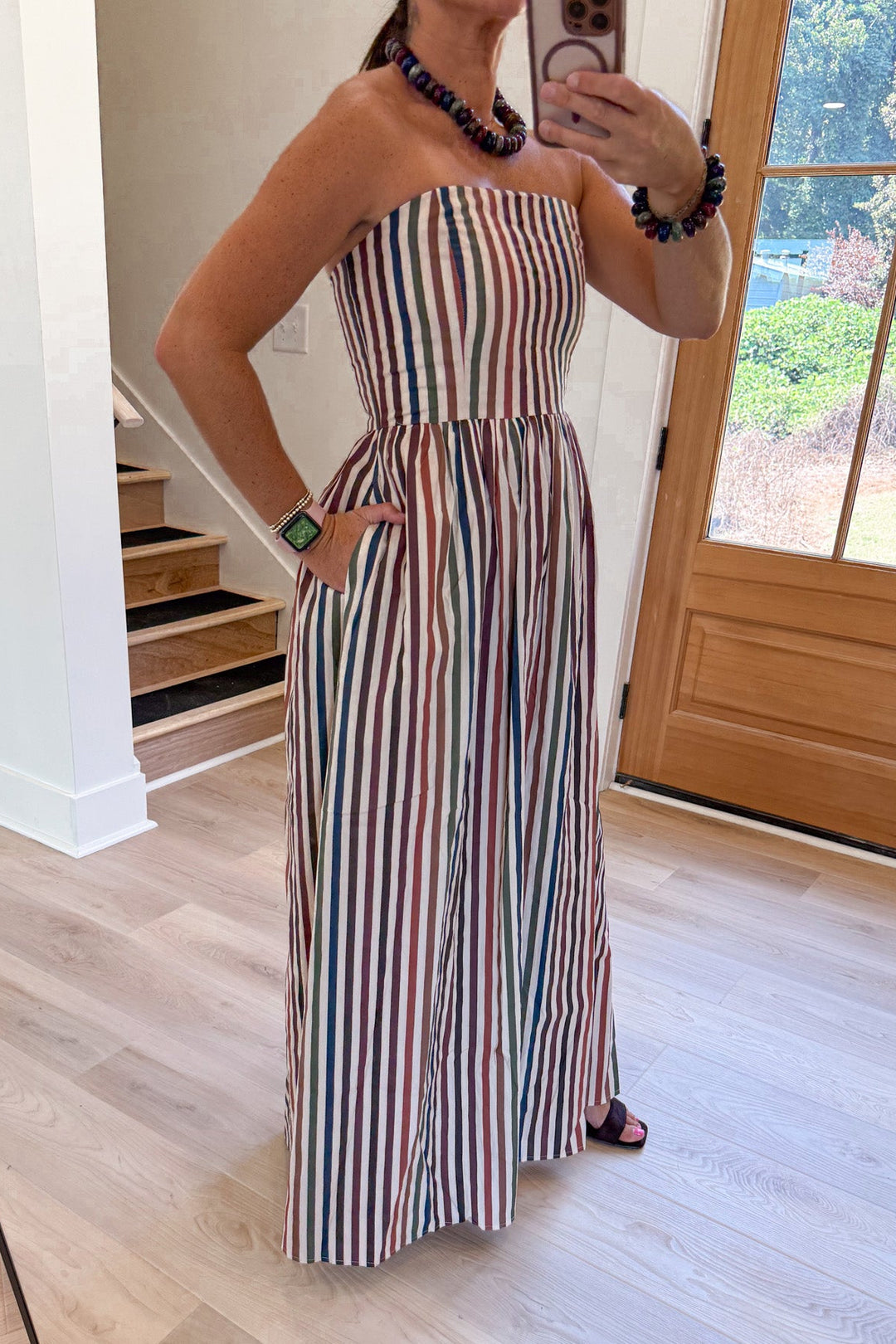strapless striped fall maxi dress pockets