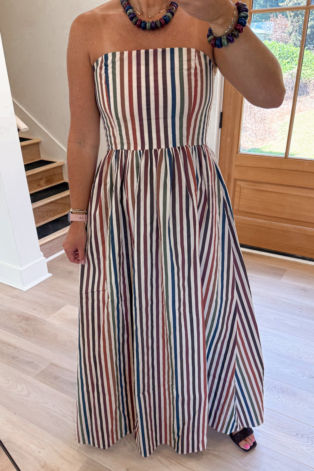 strapless striped fall maxi dress wedding guest