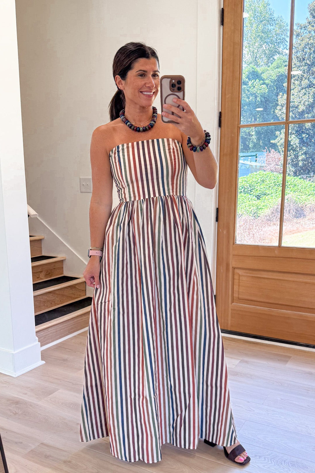 strapless striped fall colors maxi dress