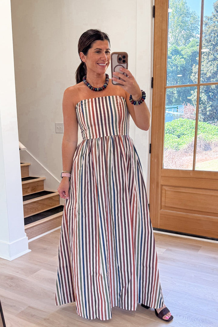 strapless striped fall colors maxi dress