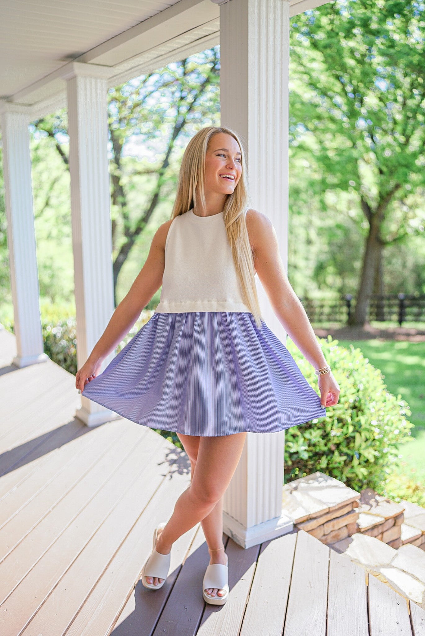 Ivory Knit And Blue Striped Poplin Dress | Purple Door | Commerce GA ...