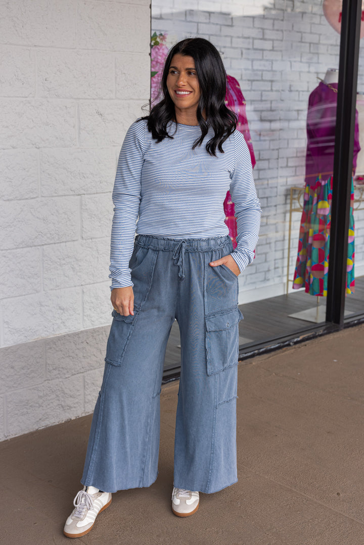 Women's blue and white striped knit long sleeve top by Wishlist showing full front view