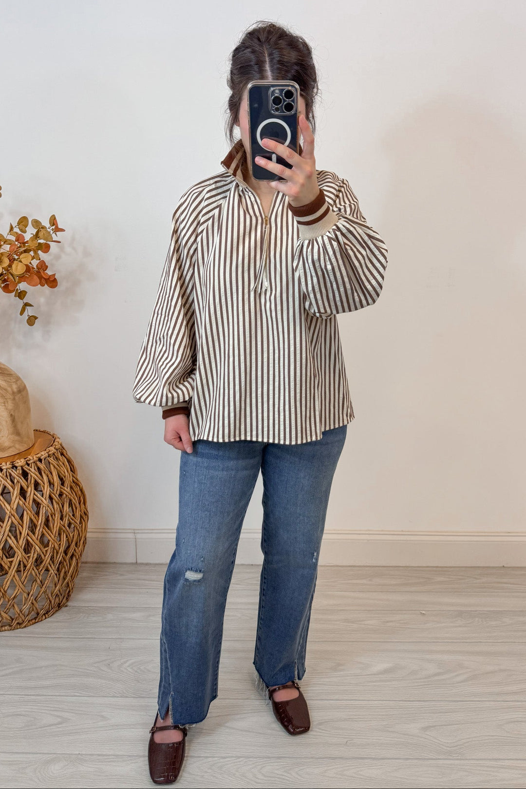entro striped taupe brown top