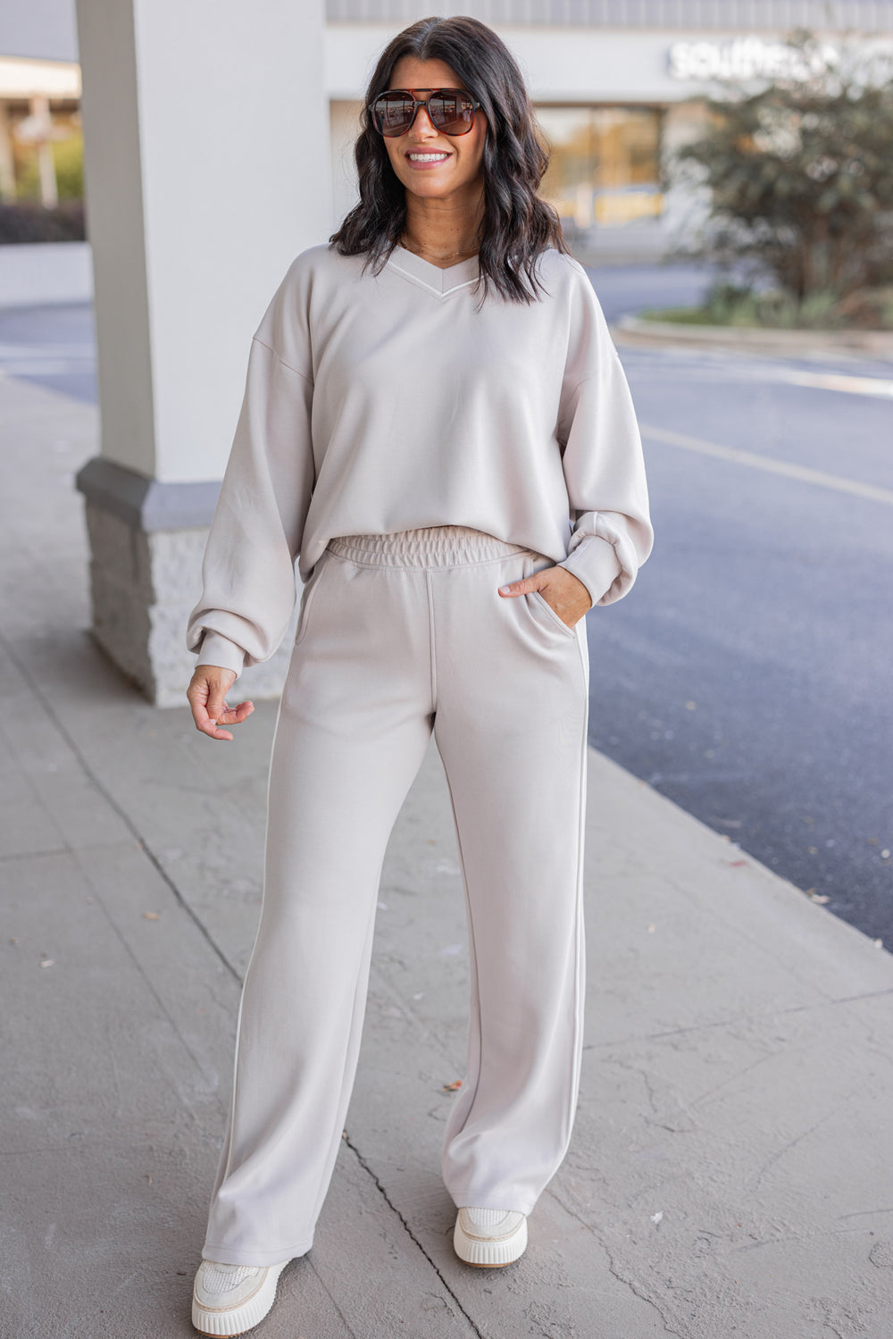 Women's mocha and cream scuba knit top by Rae Mode, shown with matching pants