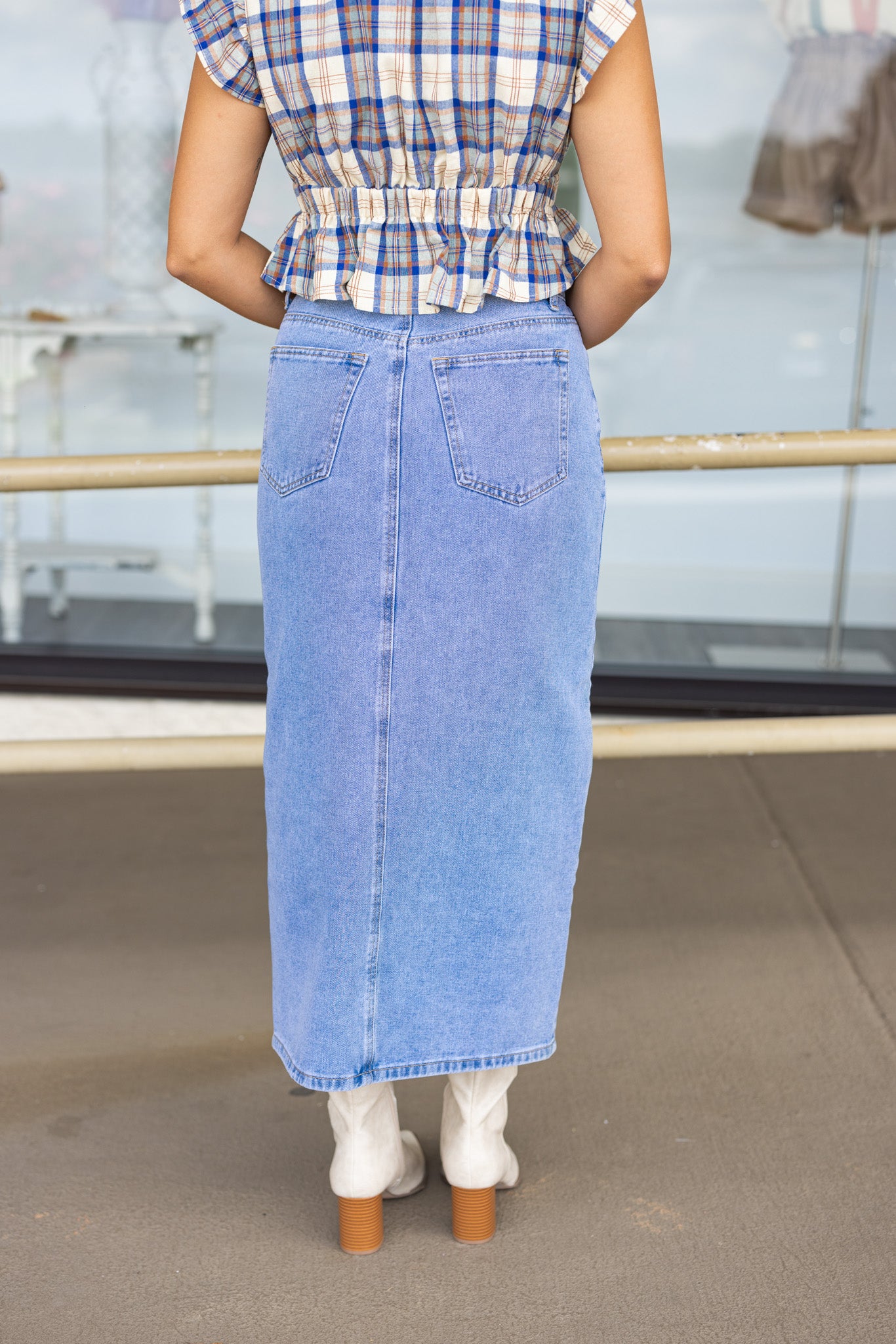 Blue Denim Midi Skirt With Front Slit | Purple Door | Commerce GA
