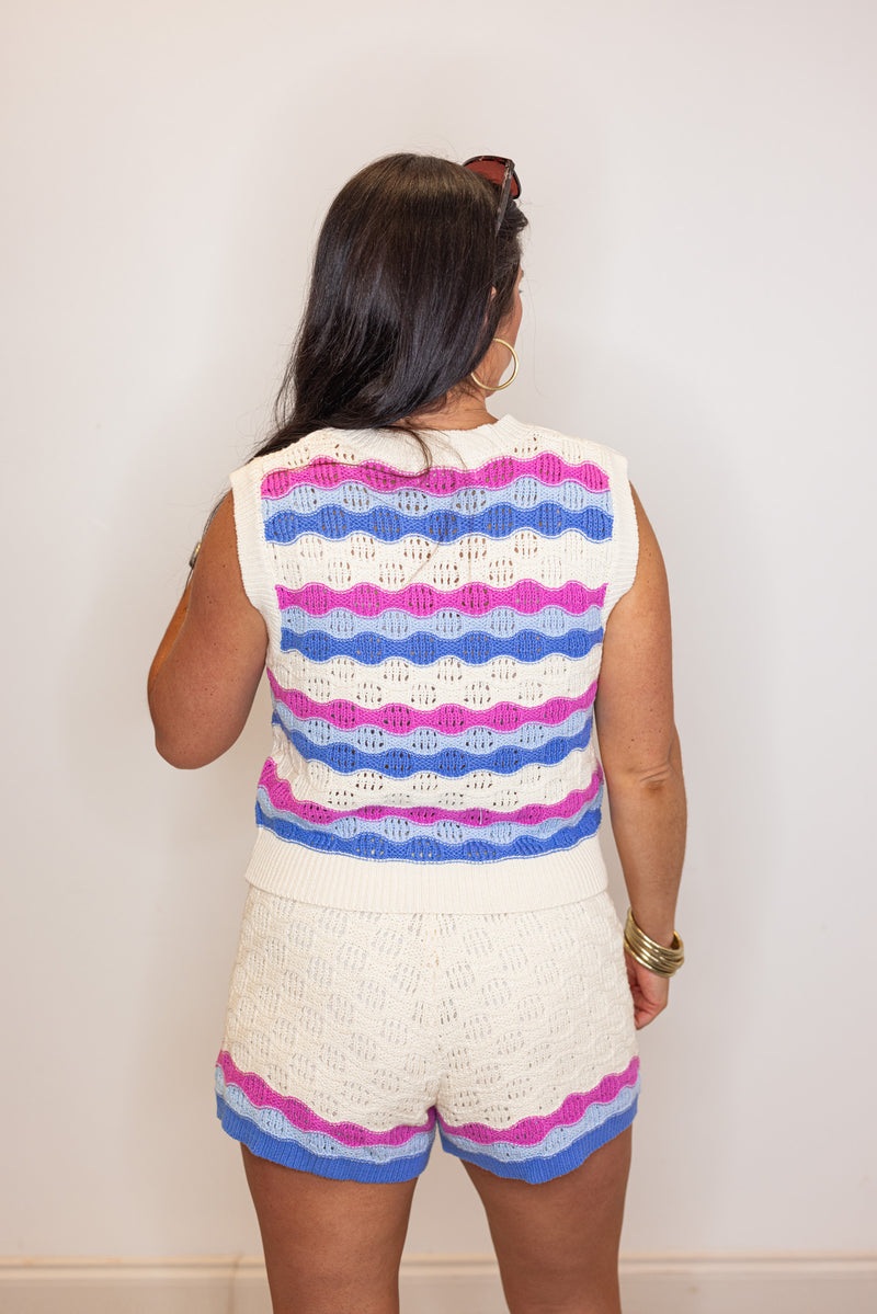 ivory blue pink striped crochet knit top