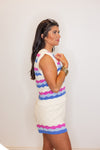 ivory blue pink striped crochet knit top