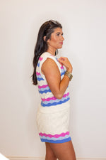 ivory blue pink striped crochet knit top