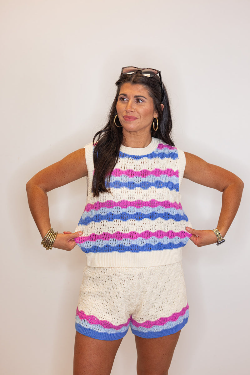 ivory blue pink striped crochet knit top