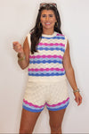 ivory blue pink striped crochet knit top
