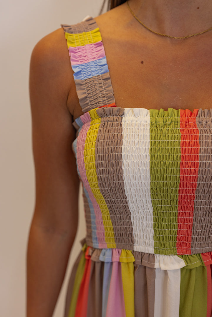 orange taupe stripe smocked chest midi dress