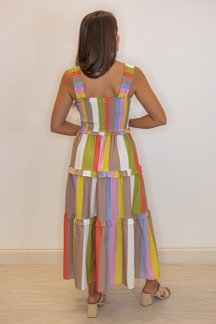 orange taupe stripe smocked chest midi dress