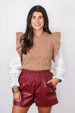 faux leather maroon shorts