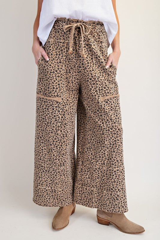 Women's tan animal print wide leg knit cargo pants by Easel