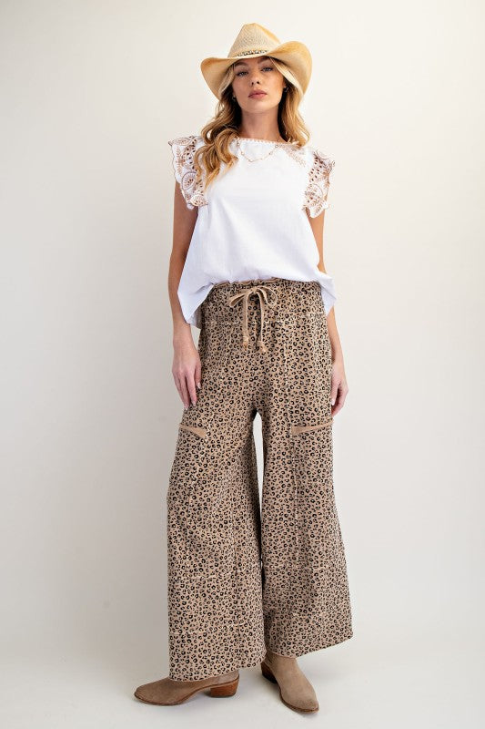 Women's tan animal print wide leg knit cargo pants by Easel showing full view