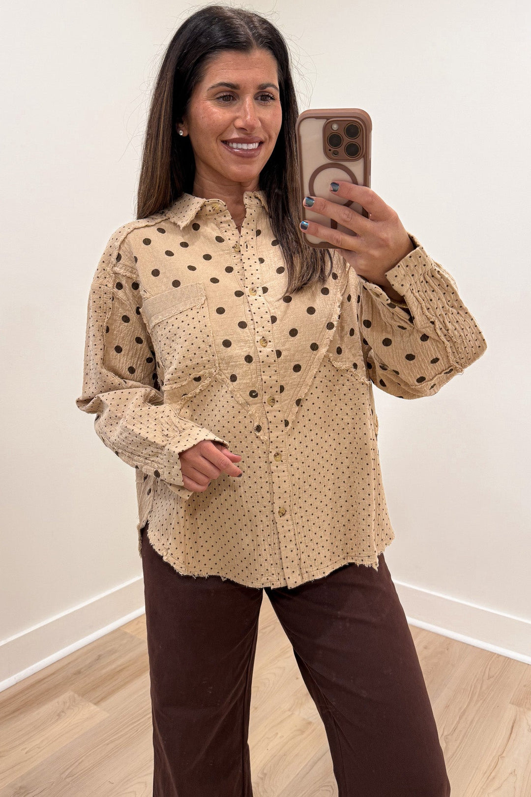 tan with mixed black polka dot print balloon sleeve button front cotton gauze top