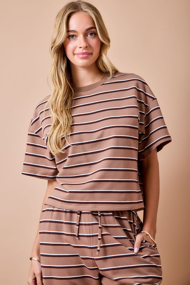 tan and chocolate brown stripe pants set