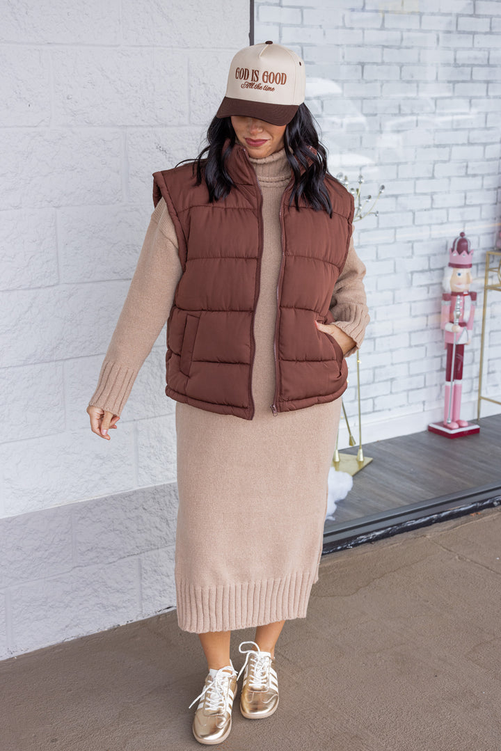 Women's trendy taupe knit long sleeve turtleneck midi sweater dress by GeeGee