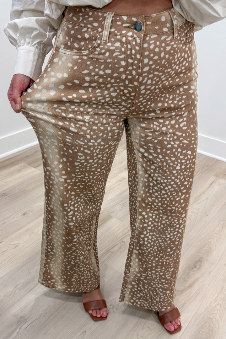 tan and cream deer print wide leg lightweight twill denim pants with front pockets