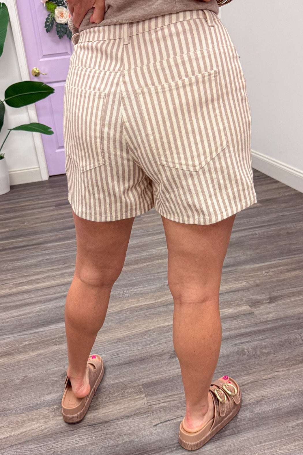tan and cream vertical striped high waisted five pocket style twill shorts