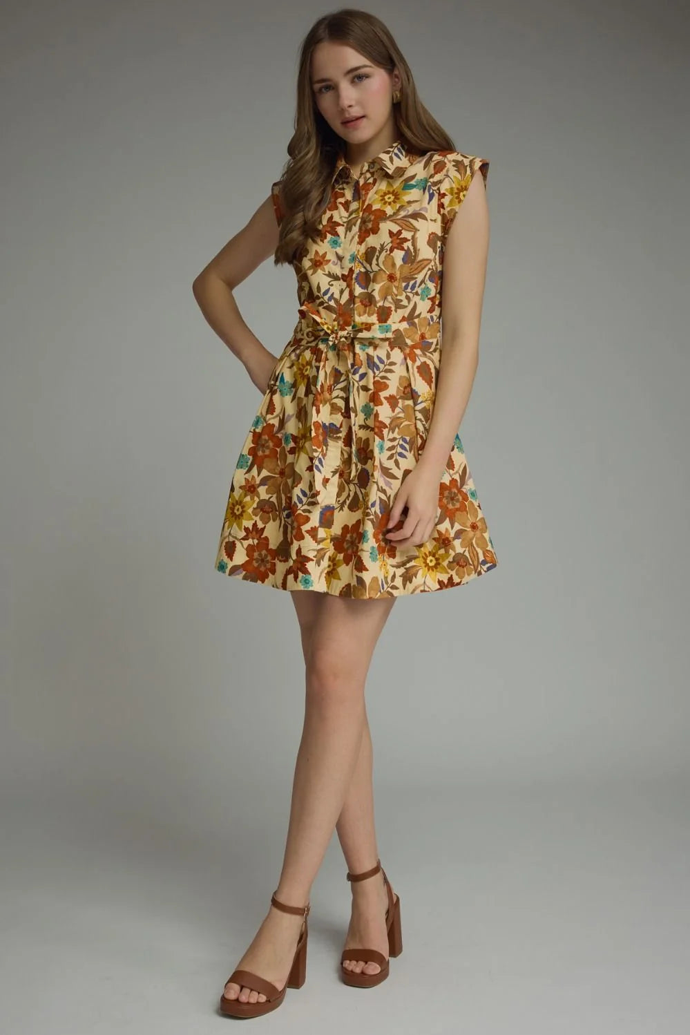 Entro tan floral print button down cinch dress with collar