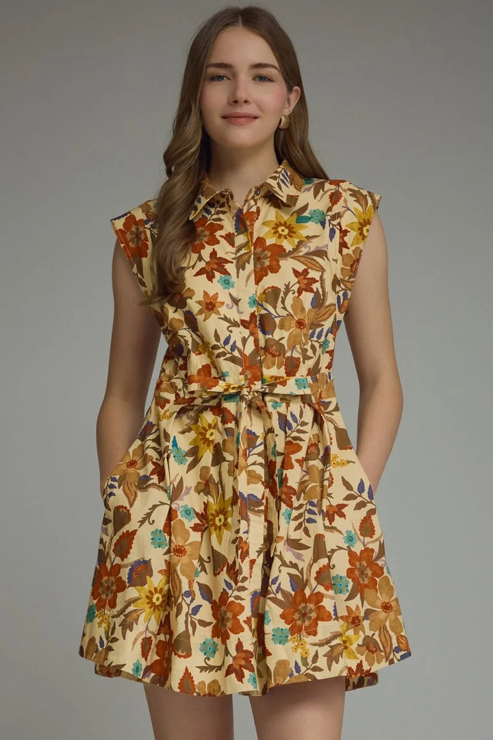 Entro tan floral print button down cinch dress