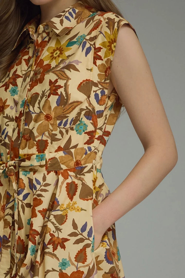 Entro button down cinch dress in tan, teal, rust, and mustard floral print