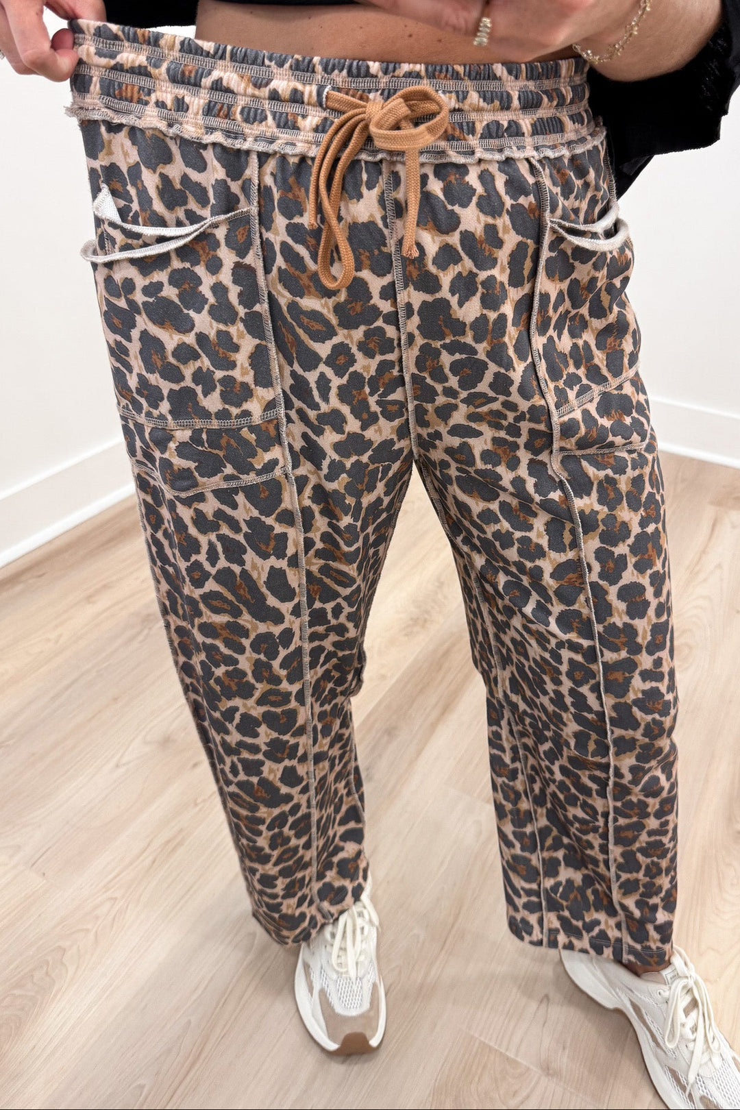 taupe black and brown leopard print drawstring elastic waist french terry knit barrel leg pants