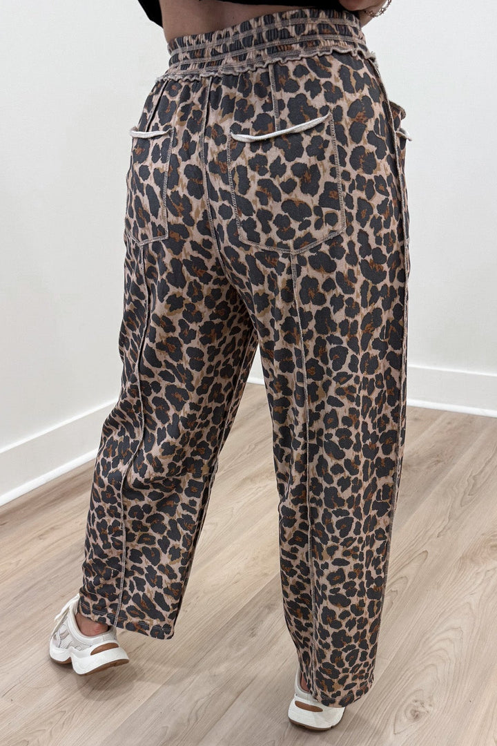 taupe black and brown leopard print french terry knit barrel leg pants with rolled trim back pockets