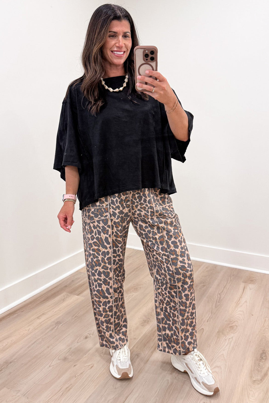 taupe black and brown leopard print french terry knit barrel leg pants