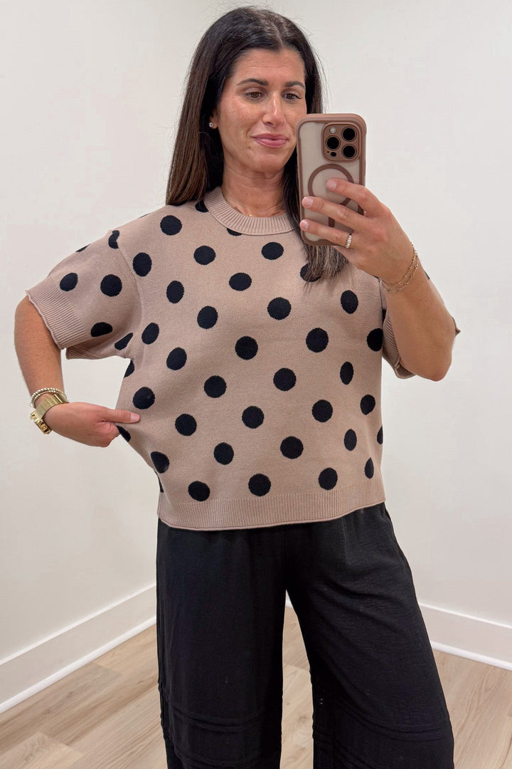 taupe with black polka dot print short sleeve relaxed fit lightweight knit sweater top