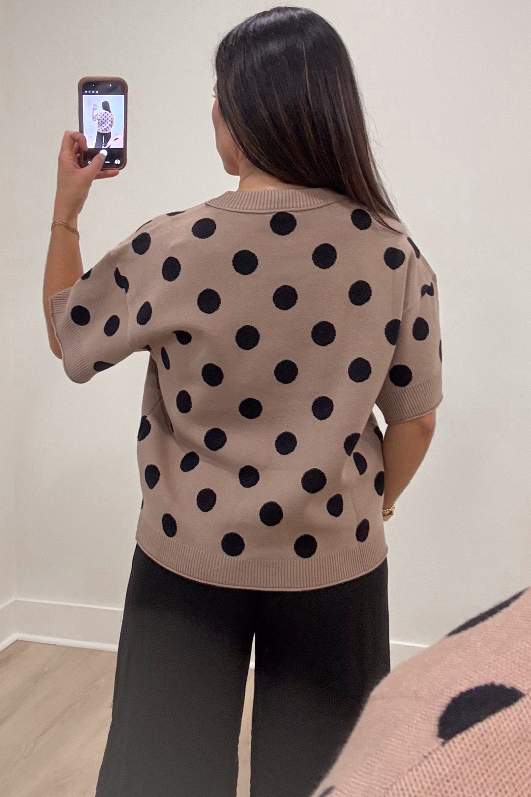 taupe with black polka dot print drop shoulder short sleeve lightweight knit sweater top