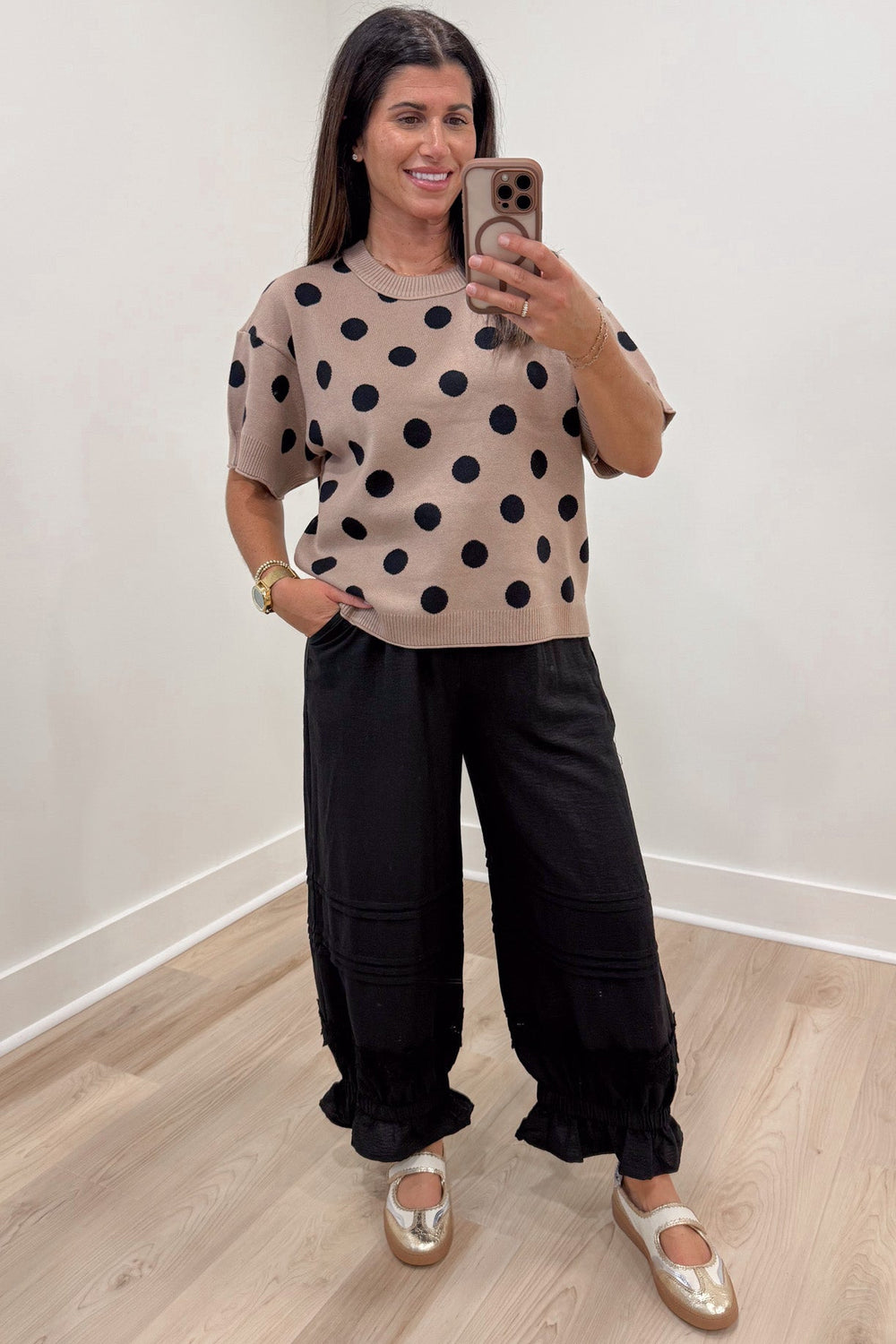 taupe with black polka dot print short sleeve lightweight knit sweater top with ribbed trim